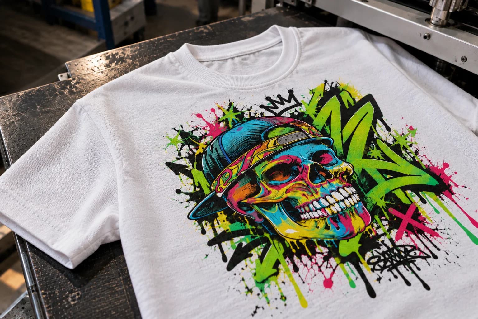 CMYK 4-colour process screen print on white cotton garment separated by SepArt Studio