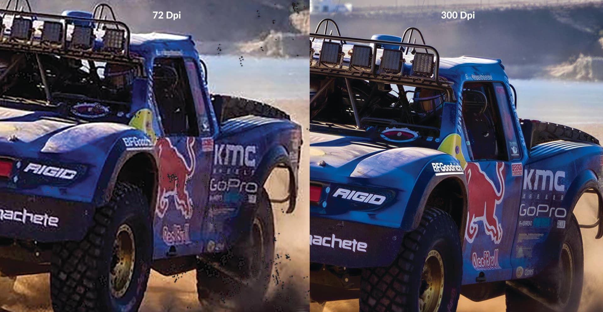 Resolution comparison: 72 DPI vs 300 DPI image of an off-road race truck, showing the sharpness difference
